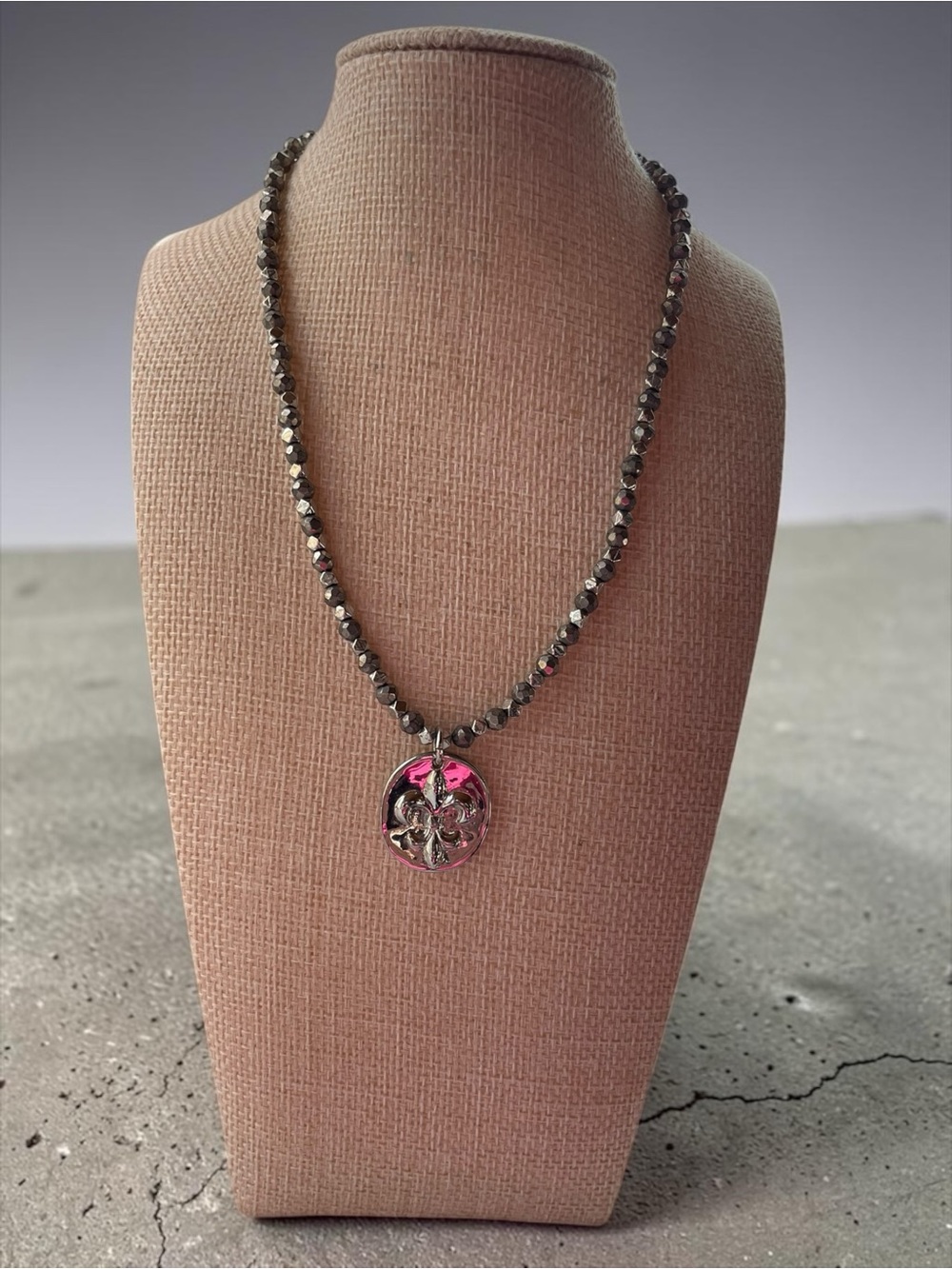 Cookie Lee Fleur de Lis Medallion Necklace Silver Tone Beaded Chain Vintage